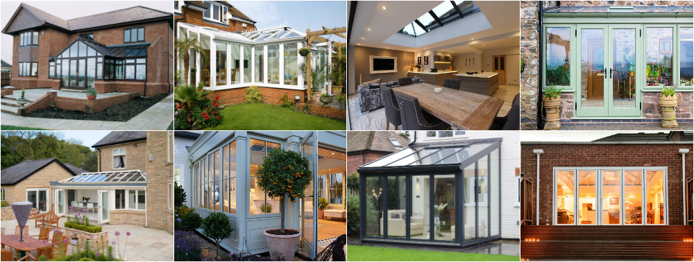 collage of different orangeries and conservatories