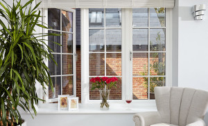 White casement windows with plant and chair