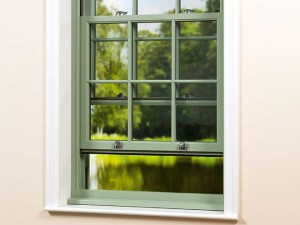 lime green timber framed sash window opened