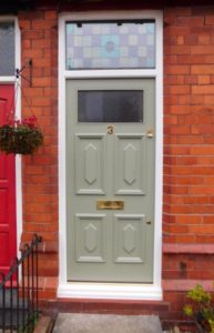 Victorian front door in Lichen green with original encapsulated top light window, by Cheshire Joinery Services