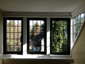 Dark frame windows with lead lining looking outside