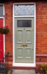 Victorian front door in Lichen green with original encapsulated top light window cheshire joinery services