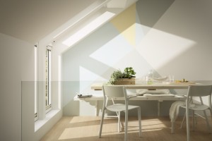 Sun shining through Velux roof windows onto table and chairs