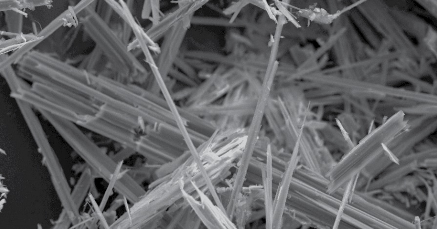microscopic view of asbestos fibres in black and white